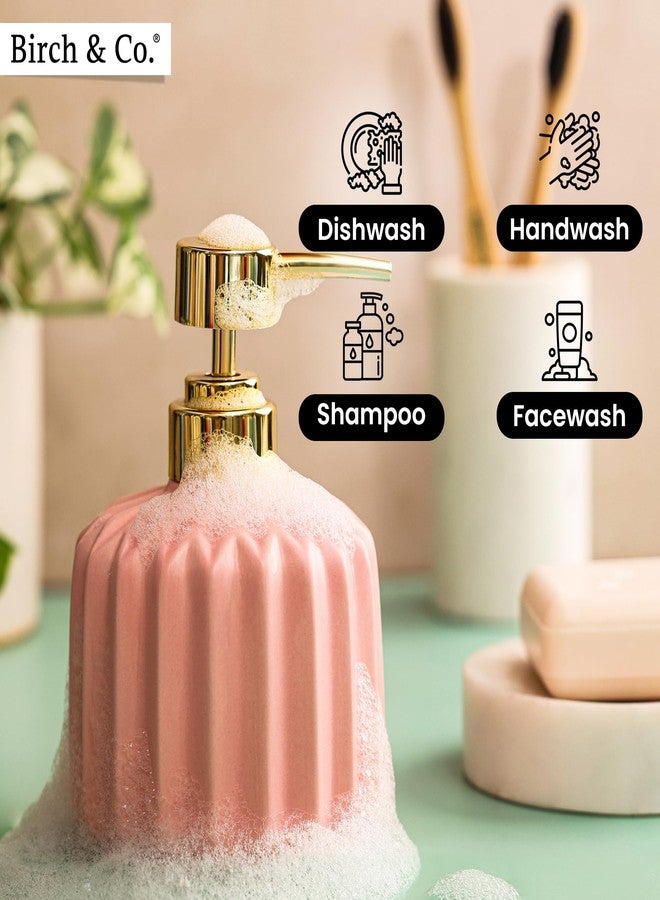 Birch & Co. موزع صابون سيراميك من بيرش آند كو. لحوض الغسيل - زجاجة موزع غسول اليدين - تصميم مانع للتسرب مع مضخة فضية لامعة خالية من مادة BPA، ريفو، وردي، Soapdispenser_Rivo_Pink - Image 2